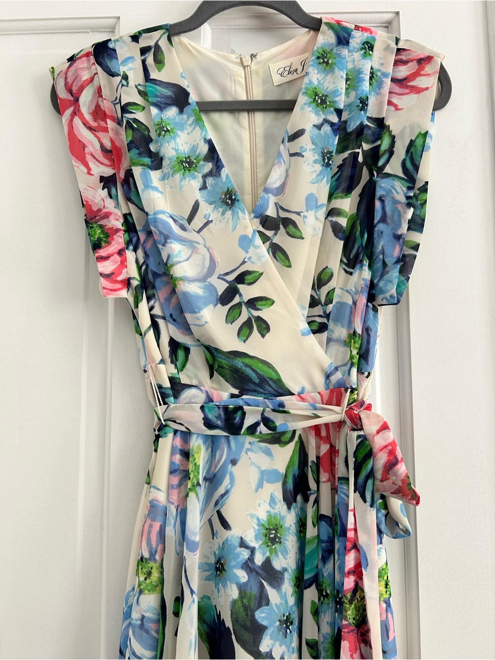 Eliza J Cream Floral Wrap Midi Dress in Blue, Pink & Green